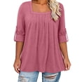 thumbnail image 4 of Vivianyo HD Women's Pleated Square Neck Tunic Top, Roll Tab 3/4 Sleeve Loose Flowy Blouse for Women, Fall Casual Tops for Daily Errands, Sizes L-5XL, 4 of 8