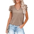 thumbnail image 1 of Top de manga corta con volantes en capas para mujer, blusa holgada informal de Color puro con cuello en V y hombros fruncidos, 1 of 6