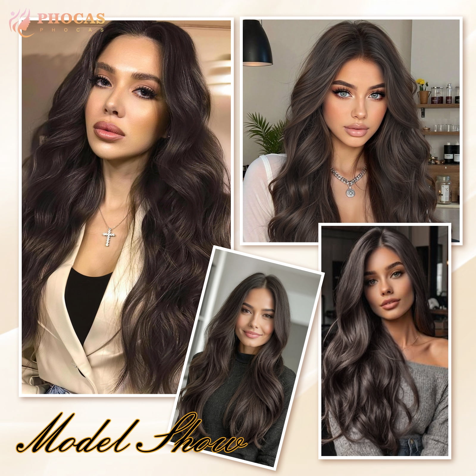 PHOCAS 28 Inch Deep Wave Lace Front Wig 13x3 Synthetic Glueless Wig for Women Pre Plucked Natural Hairline Heat Resistant Easy Style Dark Brown