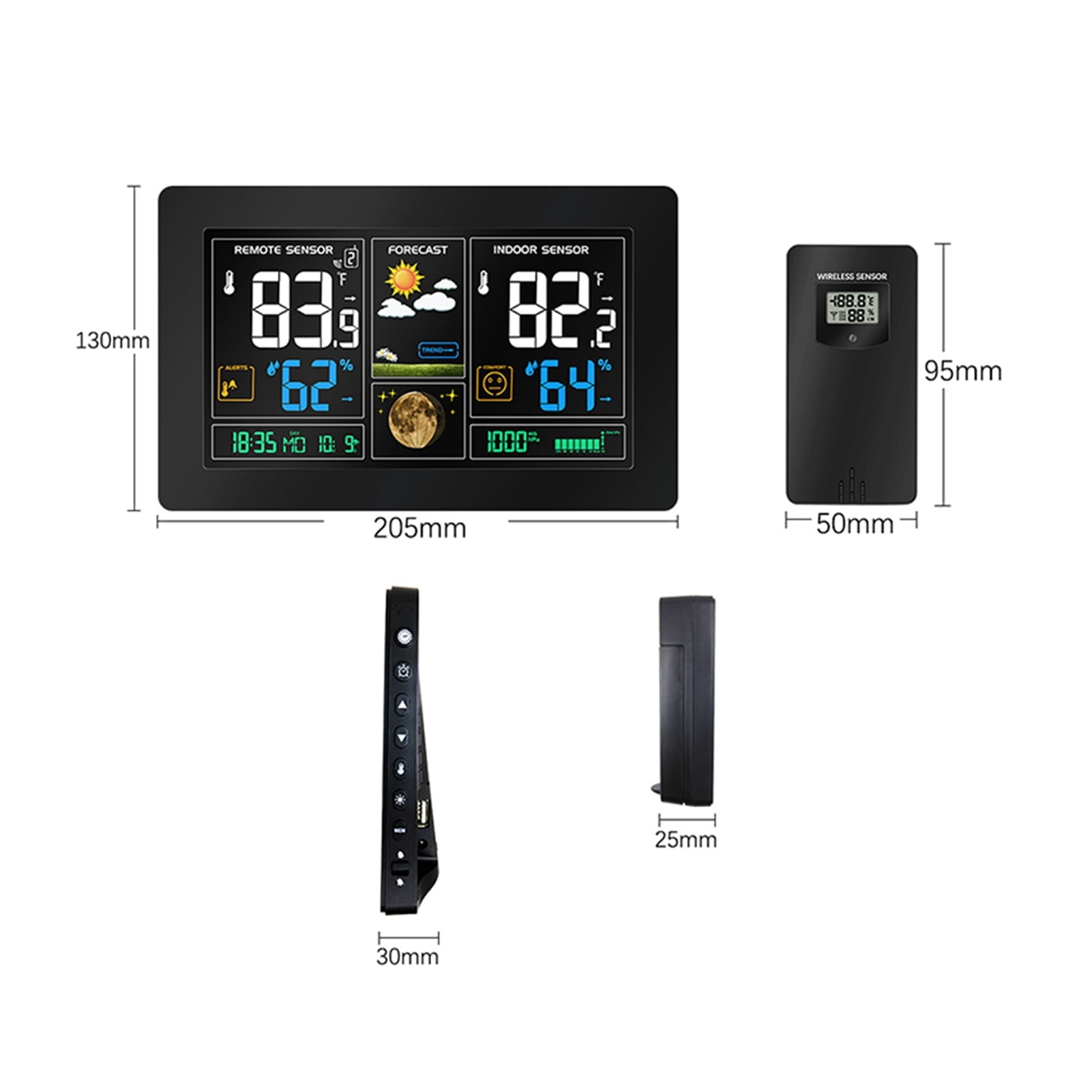 Weather Station 3 Sensors Wireless Color LCD Display Humidity Weather Forecast RCC Snooze Alarm Clock Outdoor ,Easy to Operate