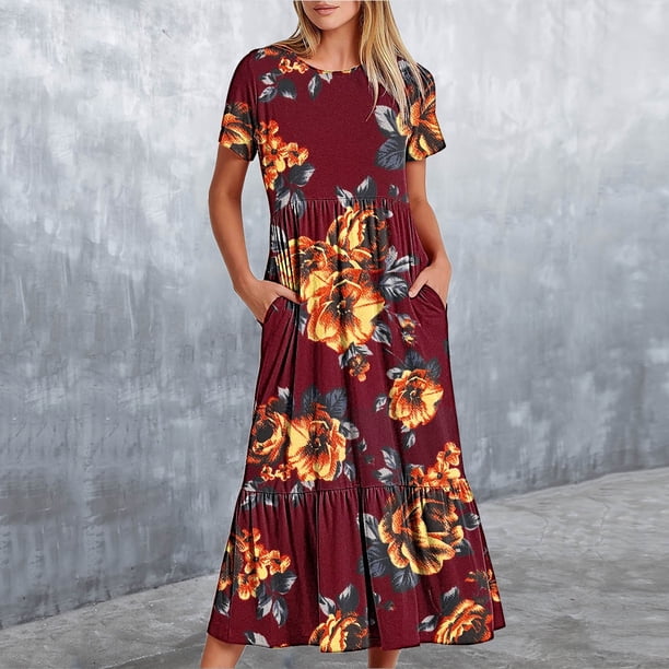 Puntoco Vestido Midi De Moda Para Mujer Vestido Con Cuello Redondo Y Manga Corta Con Doble Bolsillo Y Estampado Floral Borgoña L,Regalos Para Mujer Joven