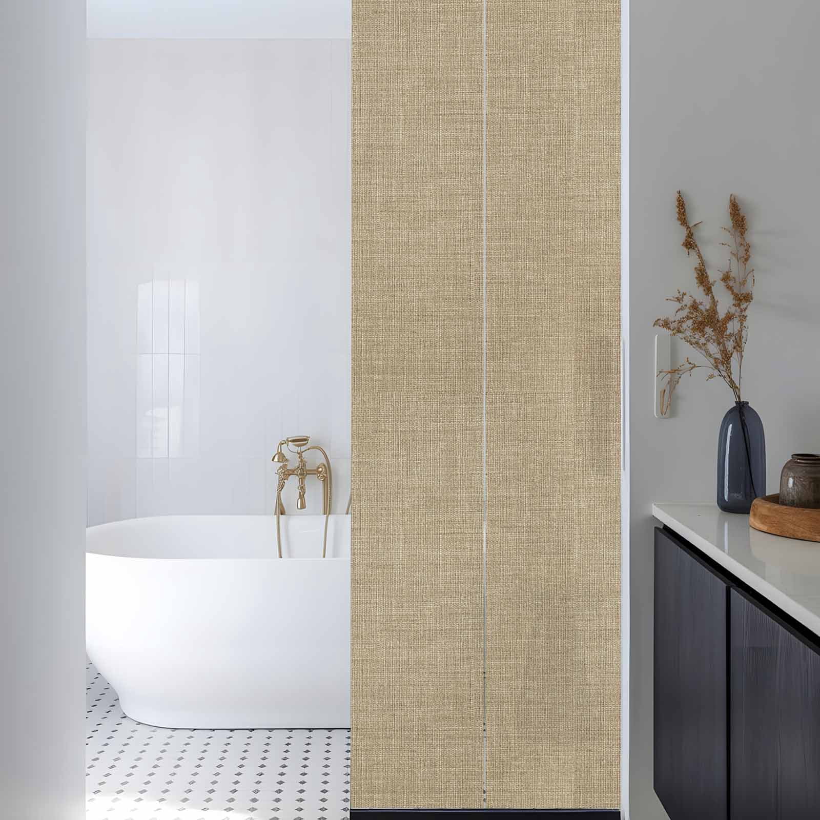 Reusable Static Cling Window Tints, Beige Window Privacy Film Frosted, Farmhouse Burlap Solid Brown Color Modern Linen Texture Heat Control Windows Films for Offices, Balcony, 29.5 x 118 Inches