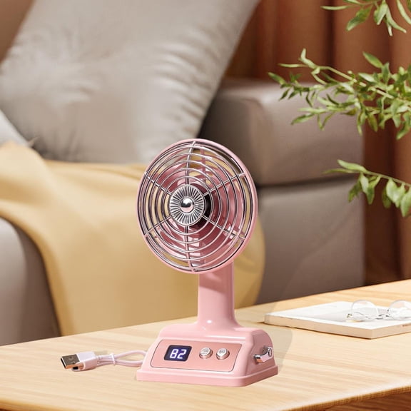 Retro Vertical Desk Fan USB Rechargeable – Aesthetic Mini Desktop Fan with LED Display, Quiet Multi-Speed Cooling Fan for Dorm, Bedroom, Office & Home Decor Use, Pink