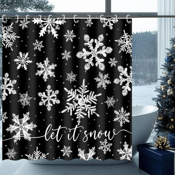 Christmas Shower Curtain with 12 Hooks Black Winter Snowflake Christmas Decor Shower Curtain for Bath Snow Christmas Holidays Bathroom Decor Waterproof Fabric Shower Curtain, 72'''' X 72''''