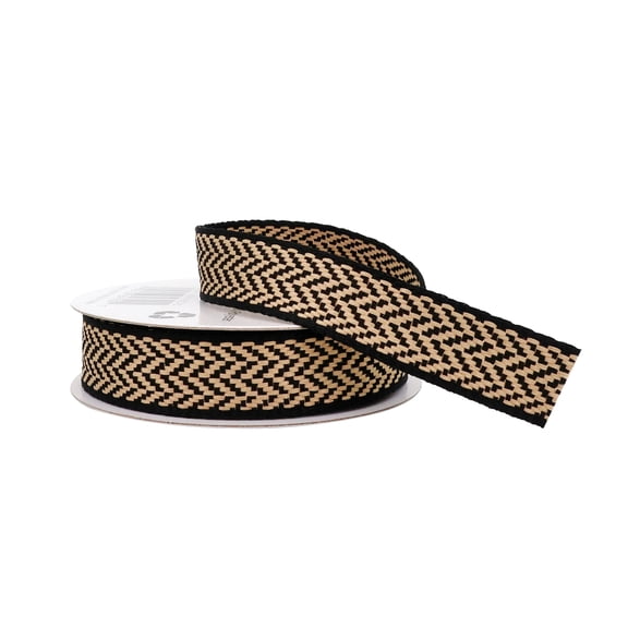 5/8" x 7yd Natural and Black Chevron Ribbon by Celebrate It – Woven Polyester Design - Non-Wired with Selvage Edge - Ideal for Crafts & Gift Wrapping - 12 Pack