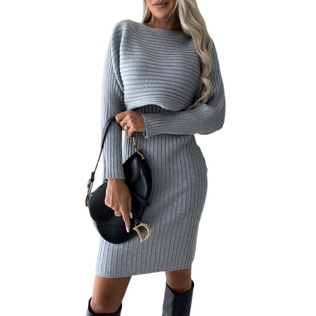 Ensemble 2 Pcs pour Femme Chandail à Manches Longues Haut Court Tricoté à Col Rond et Robe Midi Ajustée à Col en V Gris m