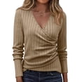 thumbnail image 2 of Women's Ribbed Knit V-Neck Wrap Tees, Long Sleeve Slim Fit Fashion Shirts Side Button Lightweight Work Blouses Khaki S, 2 of 5