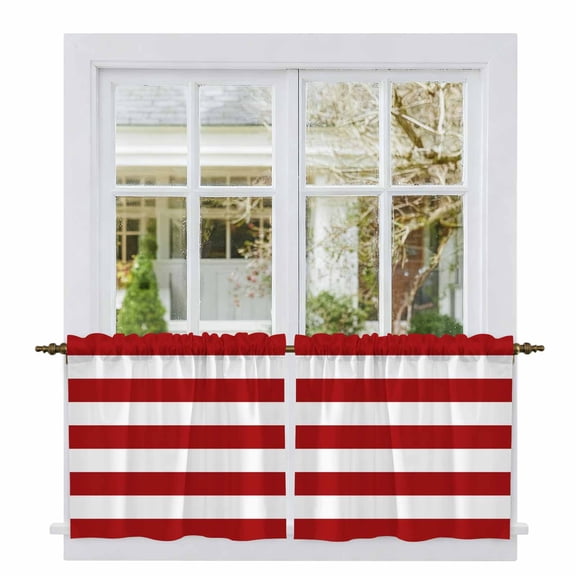 Red Stripes Tier Curtains, Simple Red White Texture Light Filtering Kitchen Curtains, 2Pcs Rod Pocket Half Window Treatments Panels for Sink Cafe Cabinet Camper 27.5x24 Inches