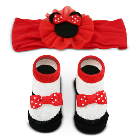Disney Minnie Mouse Headwrap and Booties Gift Set, Baby Girls, Ages 0-12M