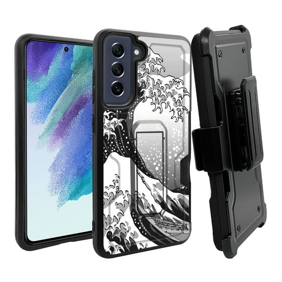 ANJ  Rugged Dual Layer Shockproof Holster Case w/Card Slot, Kickstand   Tempered Glass for Samsung Galaxy S21 FE 5G - Japanese Waves