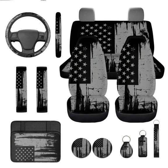 Yuyamidu Black American Flag Car Seat Cover Set of 13 Patriotic Steering Wheel Cover Seat Belt Covers Center Console Pad Lip Balm Holder Keychain Coasters for Truck Van SUV Sedan, 4th of July