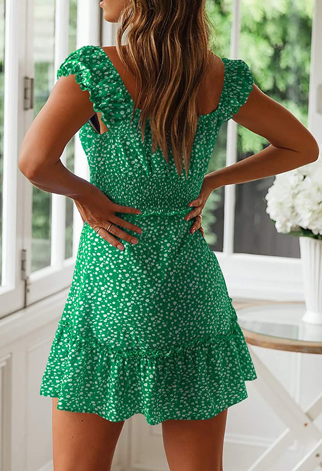 Womens Smocked Dress Ruffle Floral Tie 
