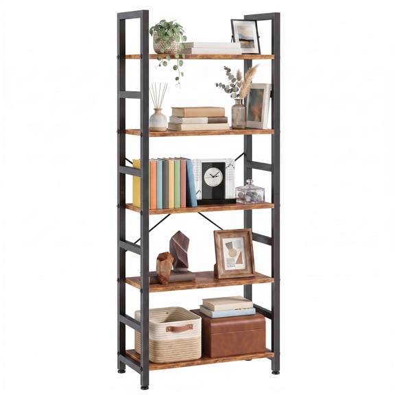 CONCETTA 5 Tier Bookshelf, Modern Bookcase Storage Organizer for Home Office, Rustic Brown