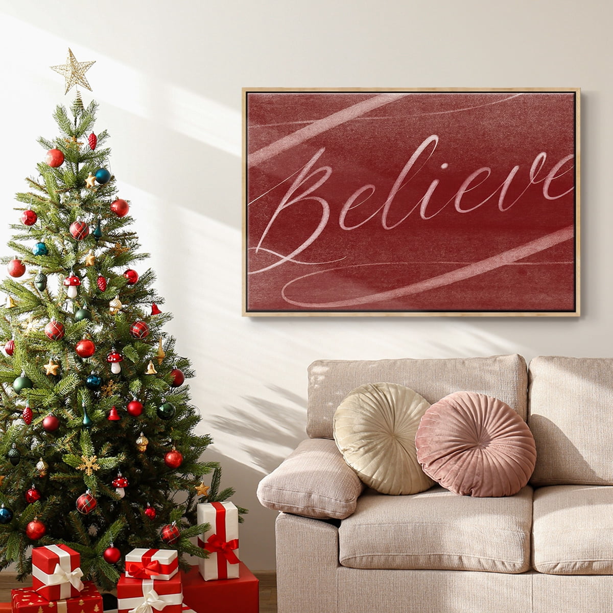 Believe - Framed Gallery Wrapped Holiday Canvas - 25 x 37 - Natural Wood Frame