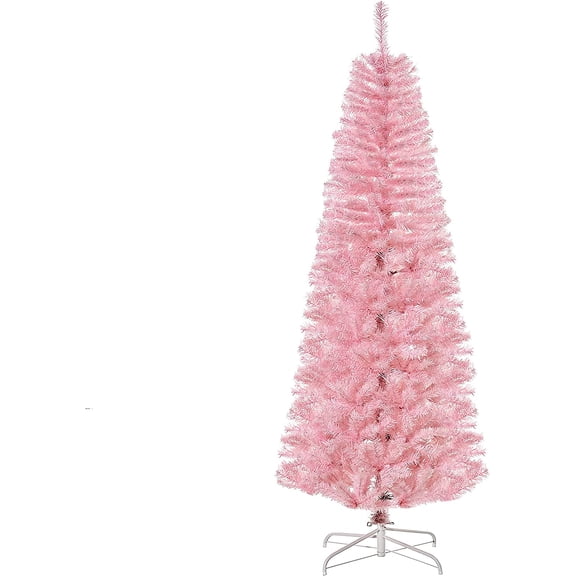 6ft  Fir Pencil Christmas Tree, Slim Artificial Christmas Tree with 618 Branch Tips and Metal Stand, Skinny Hinged Xmas Tree for Home Party Holiday Decoration,