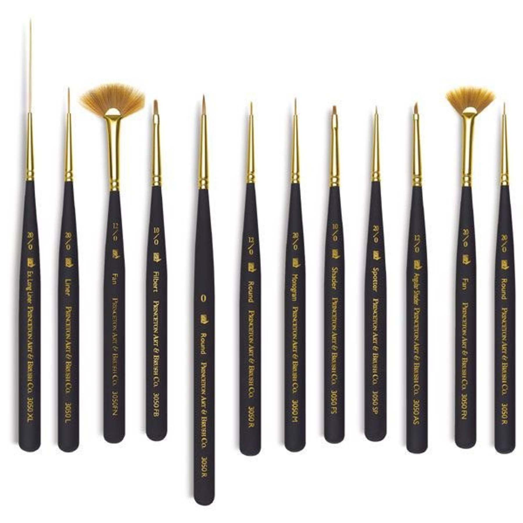 Princeton Mini-Detailer Brush Set, Synthetic Bristles, Short Handle Mixed Media Paintbrush, Black, 12 Pieces