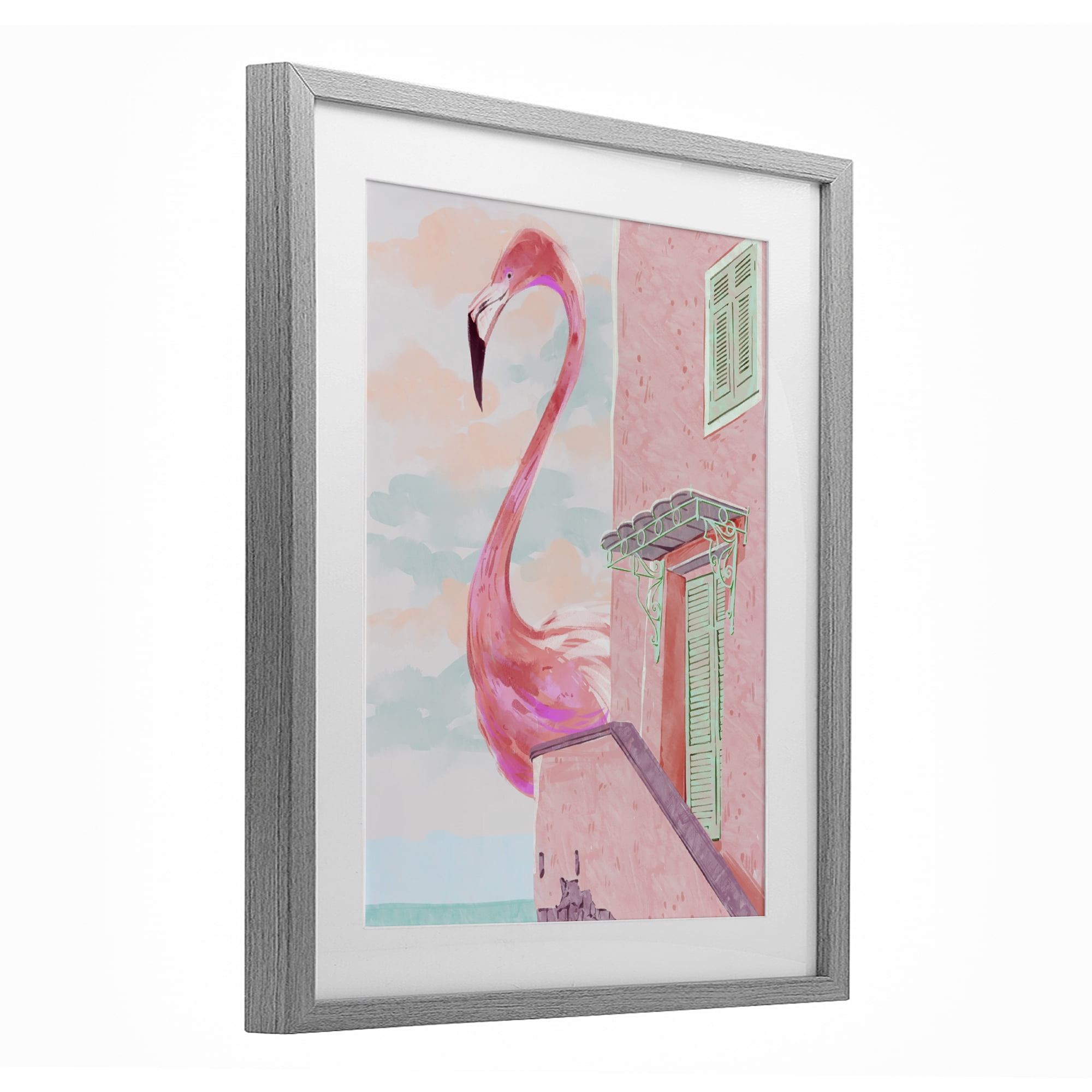 Stupell Industries Giant Flamingo with Seaside Balcony Gray Framed Print Under Glass, design by Ziwei Li