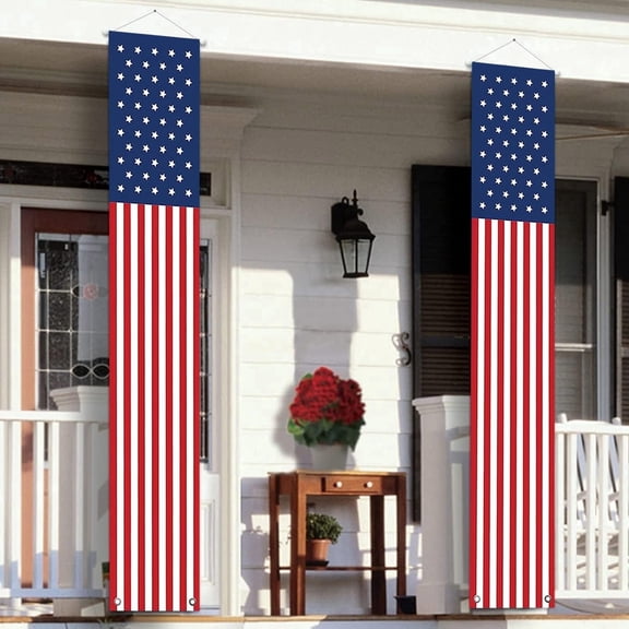 TETOU 2Pcs Hanging American Flag Banners Stars and Stripes Porch Sign, 4th of July Decorations Outdoor, Patriotic Memorial Day Decor Party Supplies for July Fourth Independence Labor - 14 in*72 in