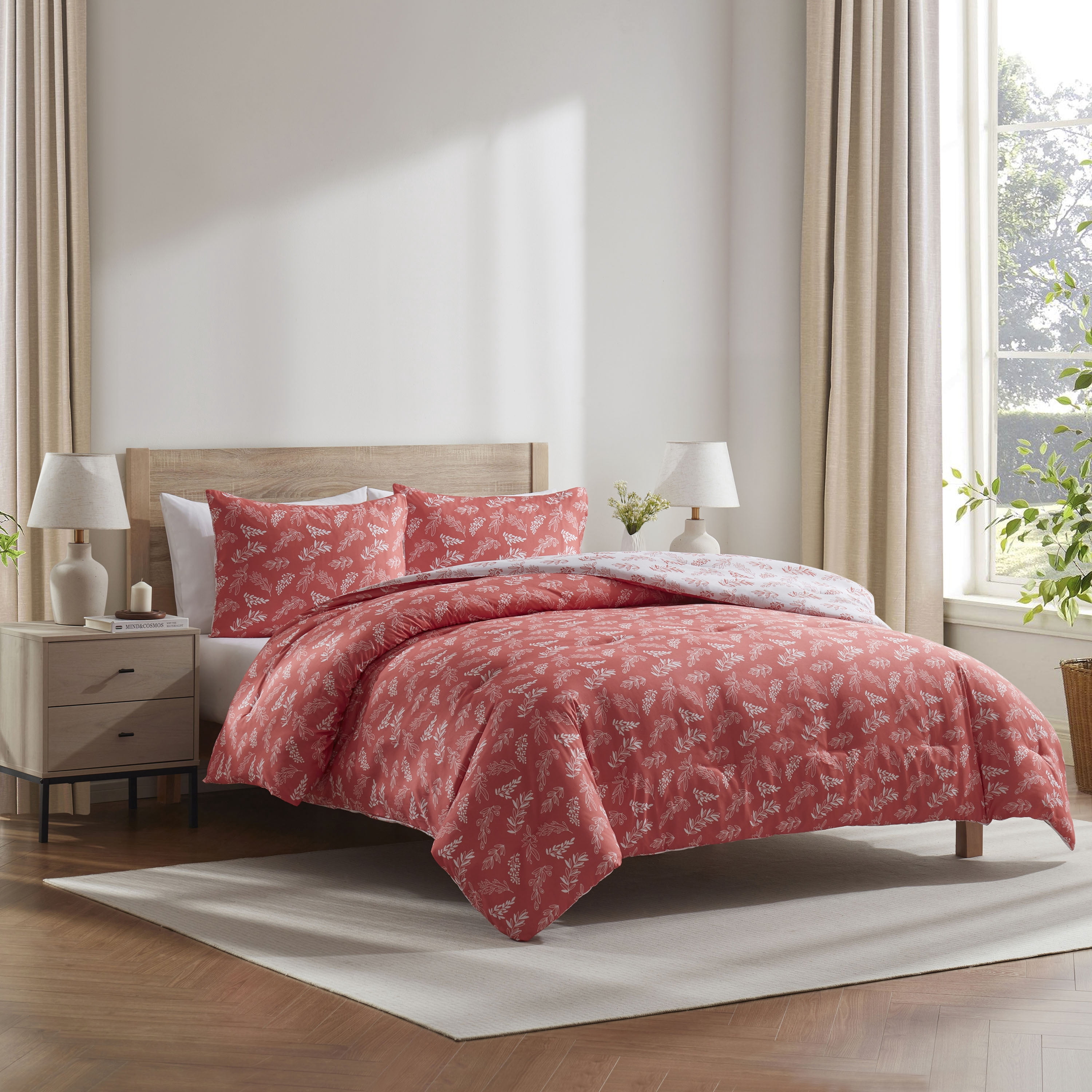 LammaLoe King Size Comforter Sets, 3 Piece Botanical Bed in a Bag, Reversible Bedding Comforter Set with Sheets, Modern Bed Set, Flamingo Pink/Cloudstone