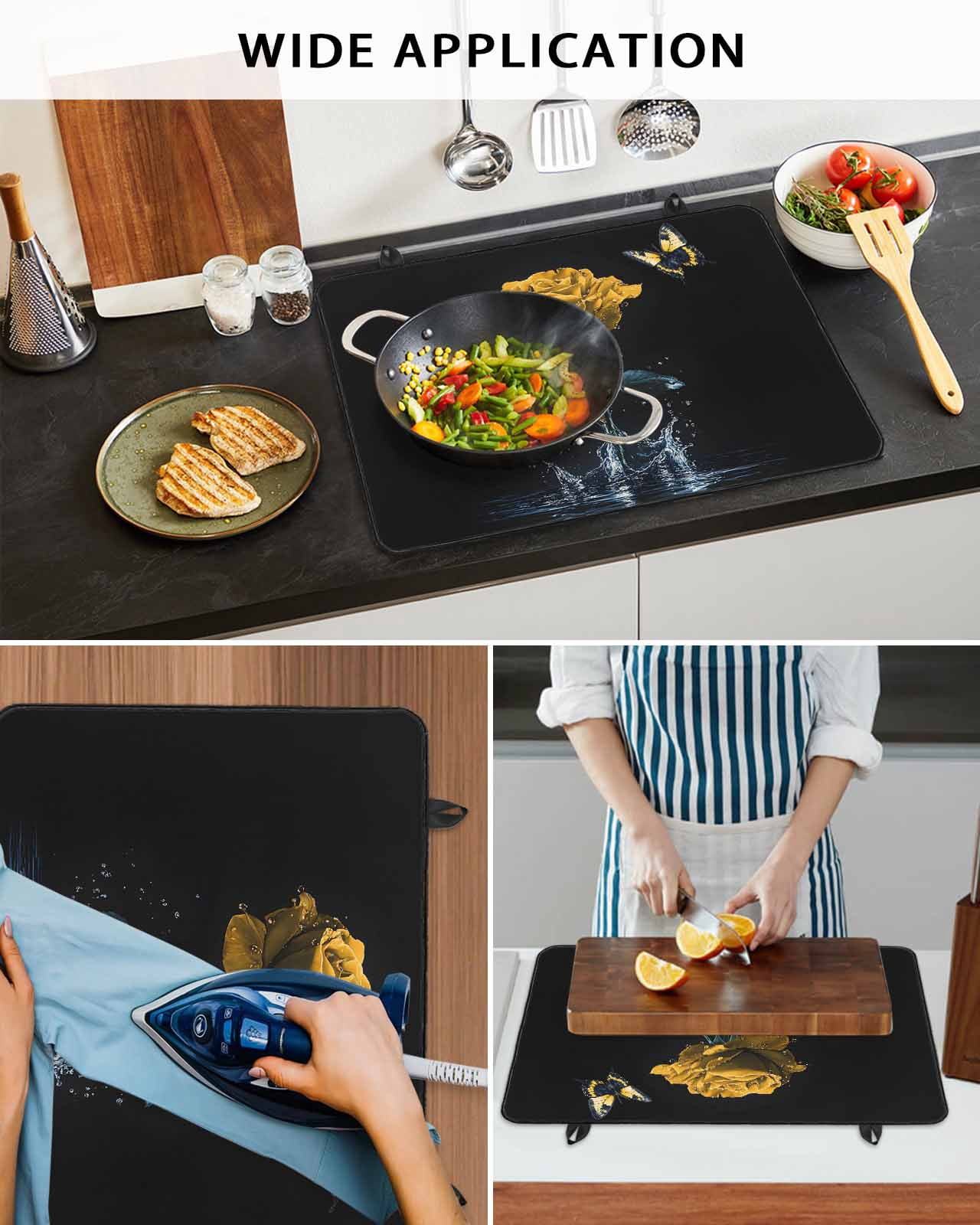 nqOlkjepod Large Induction Cooktop Protector Mat 24"x21", Yellow Roses Stove Top Covers for Electric Stove, Modern Art Splash Flowers Butterfly Stove Burner Cover Mats, Glass Top Stove Cover