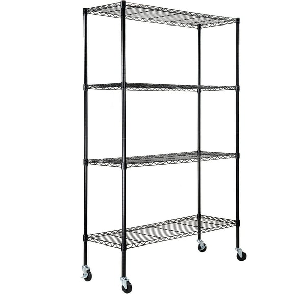 VEVOR Storage Shelving Unit with Wheels,4-Tier Adjustable, 700 lbs Capacity,Heavy Duty Garage Shelves Metal Organizer Wire Rack, Black, 47.2" L x 17.7" W x 74" H for Kitchen Pantry Basement Bathroom