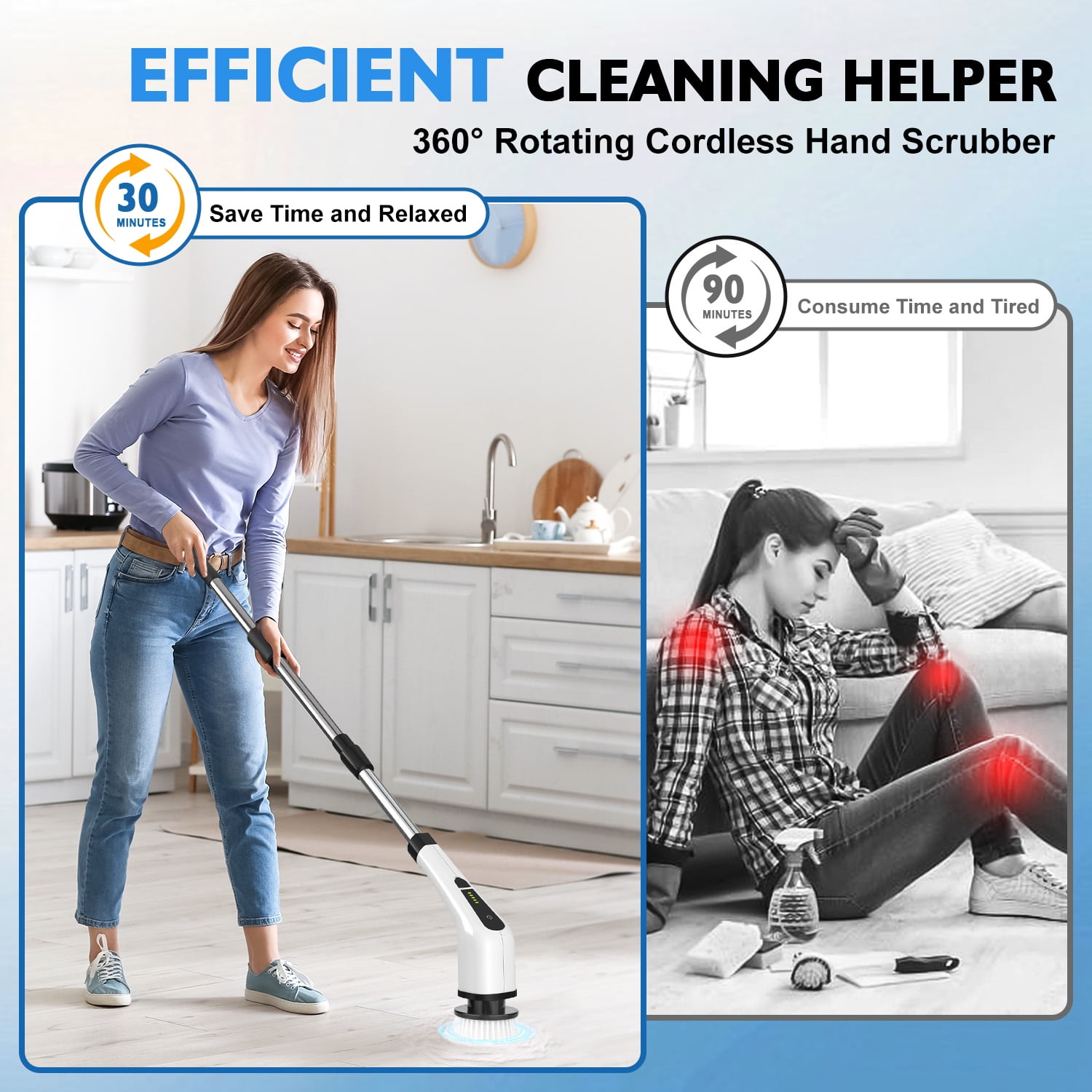 HOOFUN Electric Spin Scrubber, Cordless Bath Tub Power Scrubber with Long Handle & 7 Replaceable Heads, Detachable as Short Handle, Shower Cleaning Brush Household Tools for Bathroom & Tile Floor
