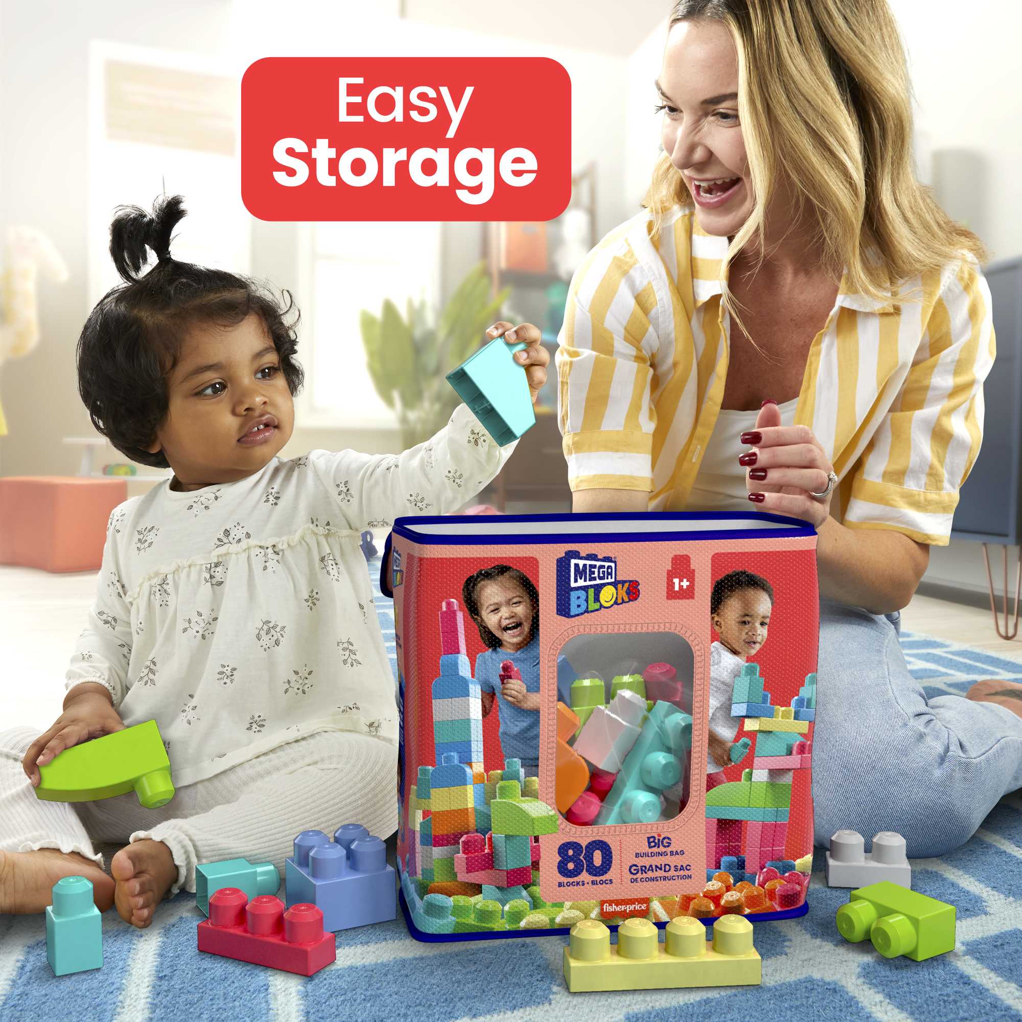 MEGA BLOKS Fisher-Price Toy Blocks Red Big Building Bag with Storage (80 Pieces) for Toddler