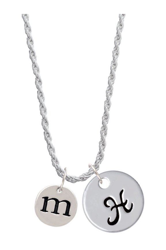 Silvertone Disc 1/2'' Initial - m - Silvertone Script Initial Disc - H - Charm Necklace, 20"+3"