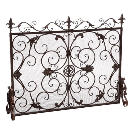 Benjara Fireplace Screen- Scrollwork Design- Iron- 45x35 Black- Gold Finish