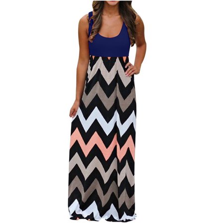 

Inkach Womens Fashion Striped Patchwork Casual Sleeveless O-Neck Ladies Long Dress