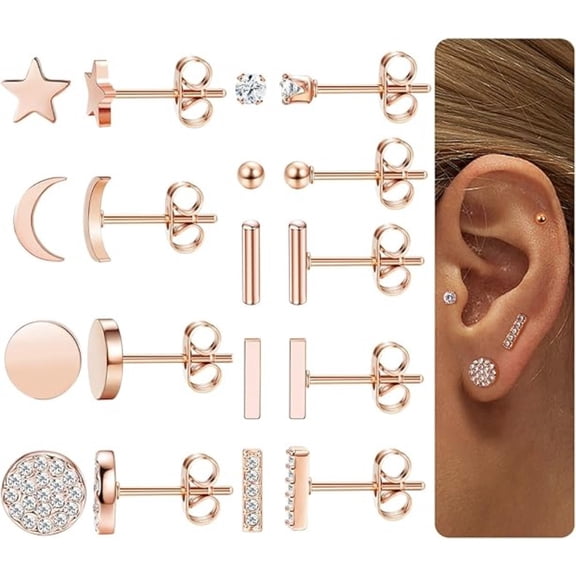 9 Pairs Hypoallergenic Stud Earrings for Women, Surgical Steel CZ Earring Set, Minimalist Daily Jewelry Gifts
