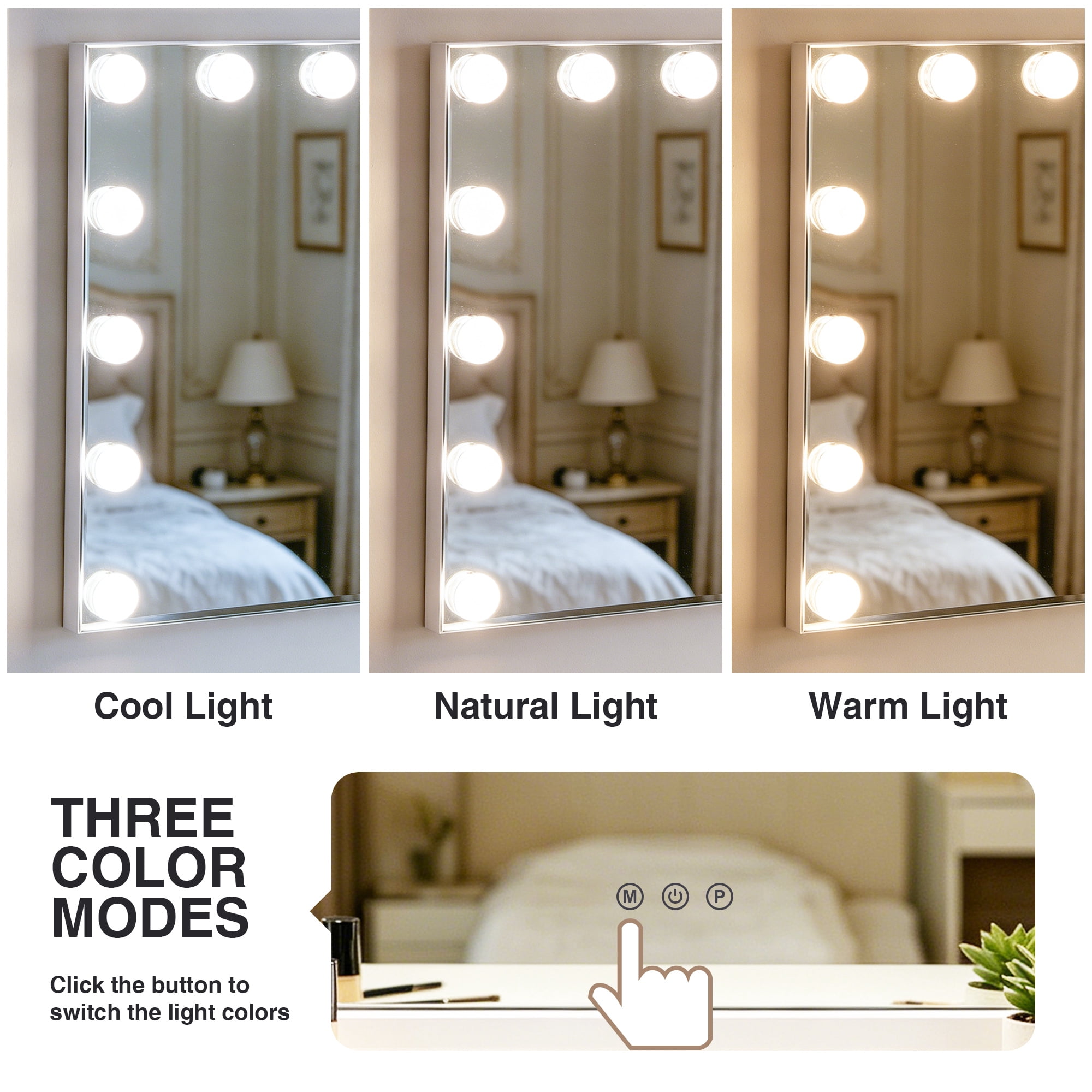 KOOL 23''x18'' Large Hollywood Vanity Mirror with 15 Bulbs LED Mirror Lighted Makeup Mirror Wall Mounted & Tabletop White Metal Frame Rectangular Mirror, White
