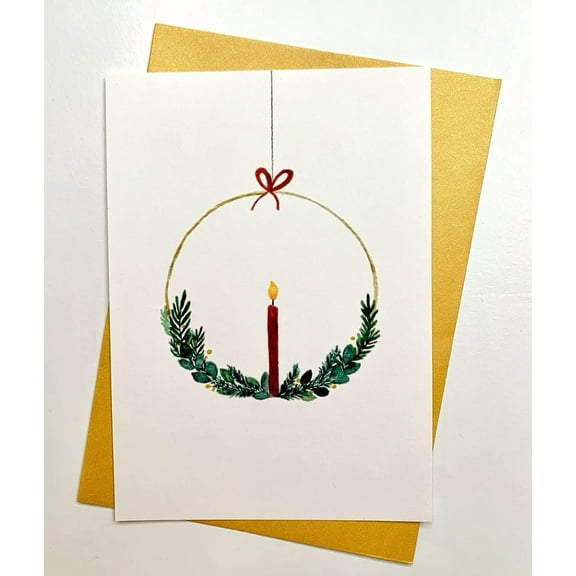 Elegant Christmas Card with Candle and Wreath Design – Holiday Greeting Card with Gold Envelope – Perfect for Sending Joyful Wishes this Season