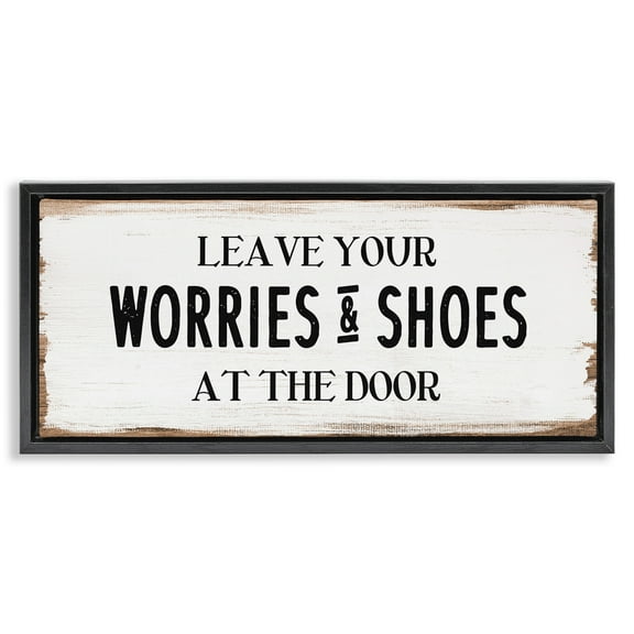 Stupell Industries Worries & Shoes At Door Phrase Typography Painting Black Floater Framed Canvas Art Print Wall Art, 25 x 11