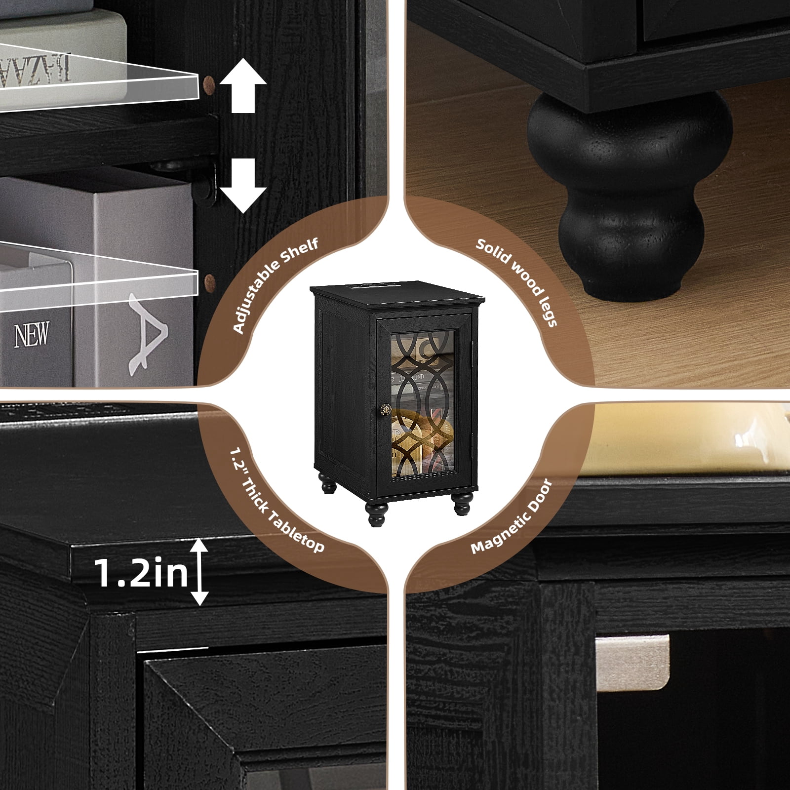 Farmhouse End Table Set of 2, Side Table, Nightstand, End Table with Glass Door and Shelf, Rustic Modern Bed Night Stand for Bedroom, Living Room, Black