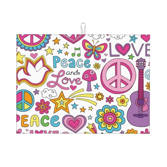 Fuzoiu Peace Love and Dove Flower Power Print Absorbent, Reversible Microfiber Dish Drying Mat for Kitchen, Dish Drying Pad for Dishes, Utensils, Pots and Pans, Extra Large 18 Inch x 24 Inch
