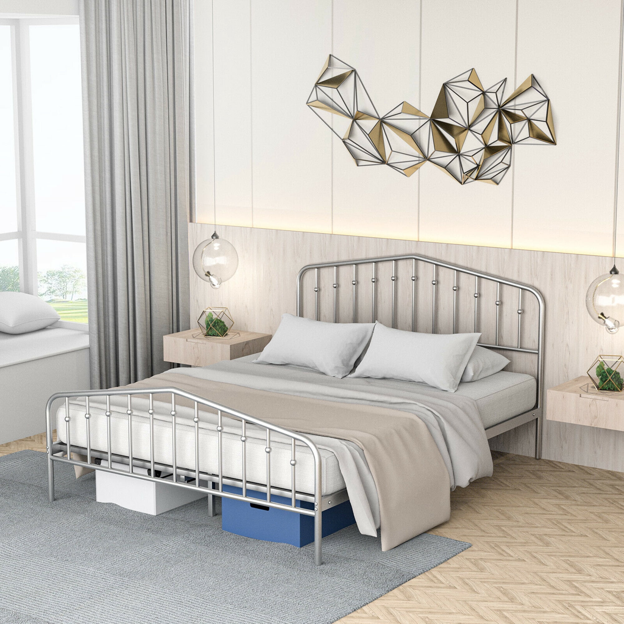 Gymax Queen Size Metal Bed Frame Platform Headboard & Footboard W/Storage Sliver