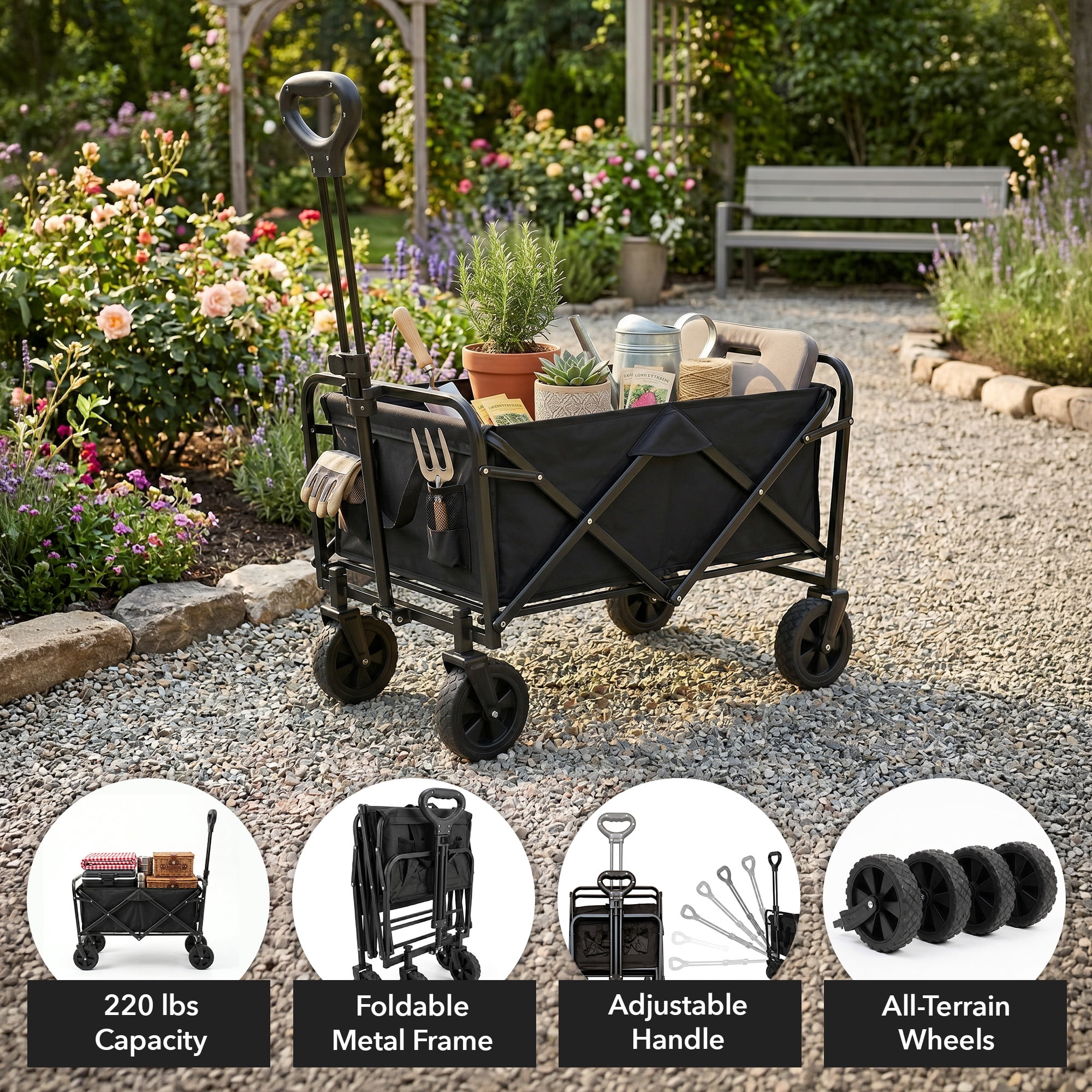 OVENTE Collapsible Foldable Wagon, 220lbs Weight Capacity, Black WFU011B | Heavy-Duty Fabric and Metal Frame, Portable Folding Utility Cart for Grocery Shopping, Outdoor Sports, Beach and Camping