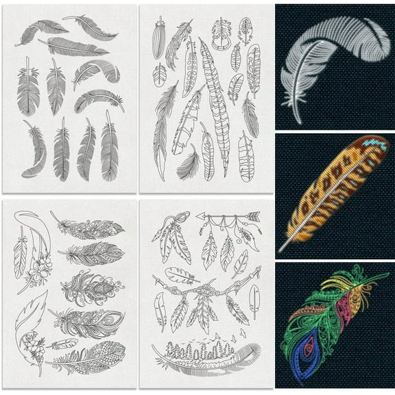 44Pcs Feathers Water Soluble Hand Sewing Stabilizers 8.3"x11.7" Feathers Embroidery Pattern Stabilizer 4 Sheets Stick and Stitch Embroidery Paper Sticker
