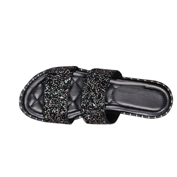 Virmaxy Womens Flat Sandals Women's Summer New Plus Size Frosted Sequin Line Over Beach Flats Light Sandals Black 36