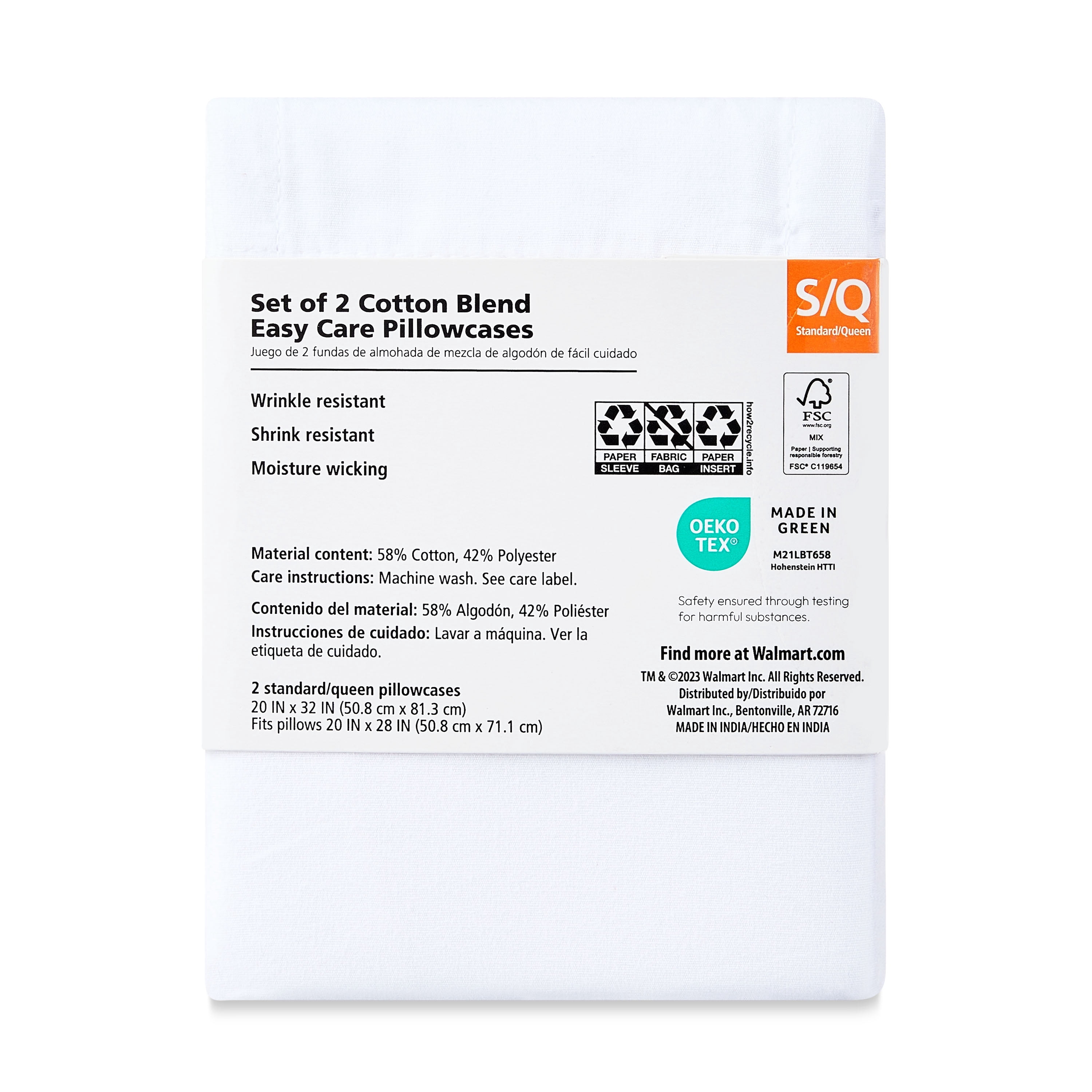 Mainstays 2-Piece 300 Thread Count White Cotton Blend Percale Pillowcase Set, Queen