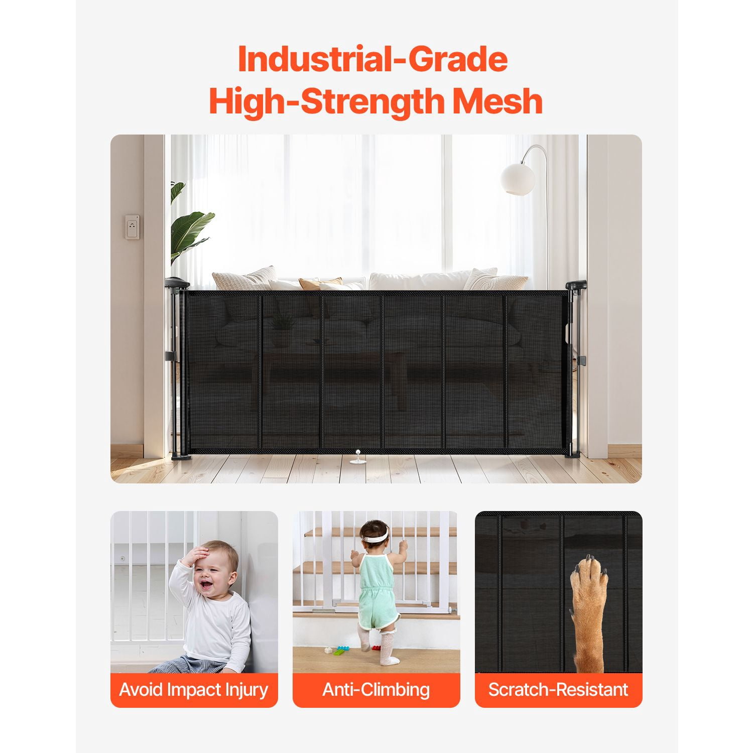 Retractable Baby Gate 31" Tall x 71" Wide, Black Mesh, Anti-Crawl Bottom Strip, One-Hand Operation, for Indoor Stairs Doorways