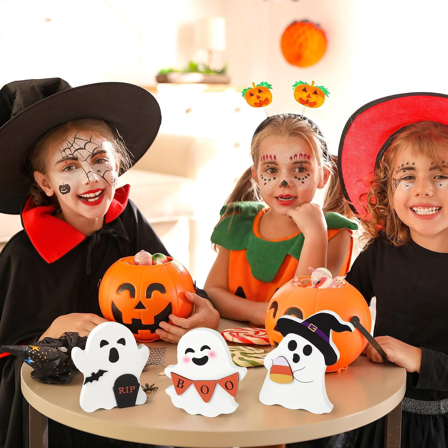 Set of 3 Wooden Ghost Tiered Tray Decorations Cute Halloween Table Decor