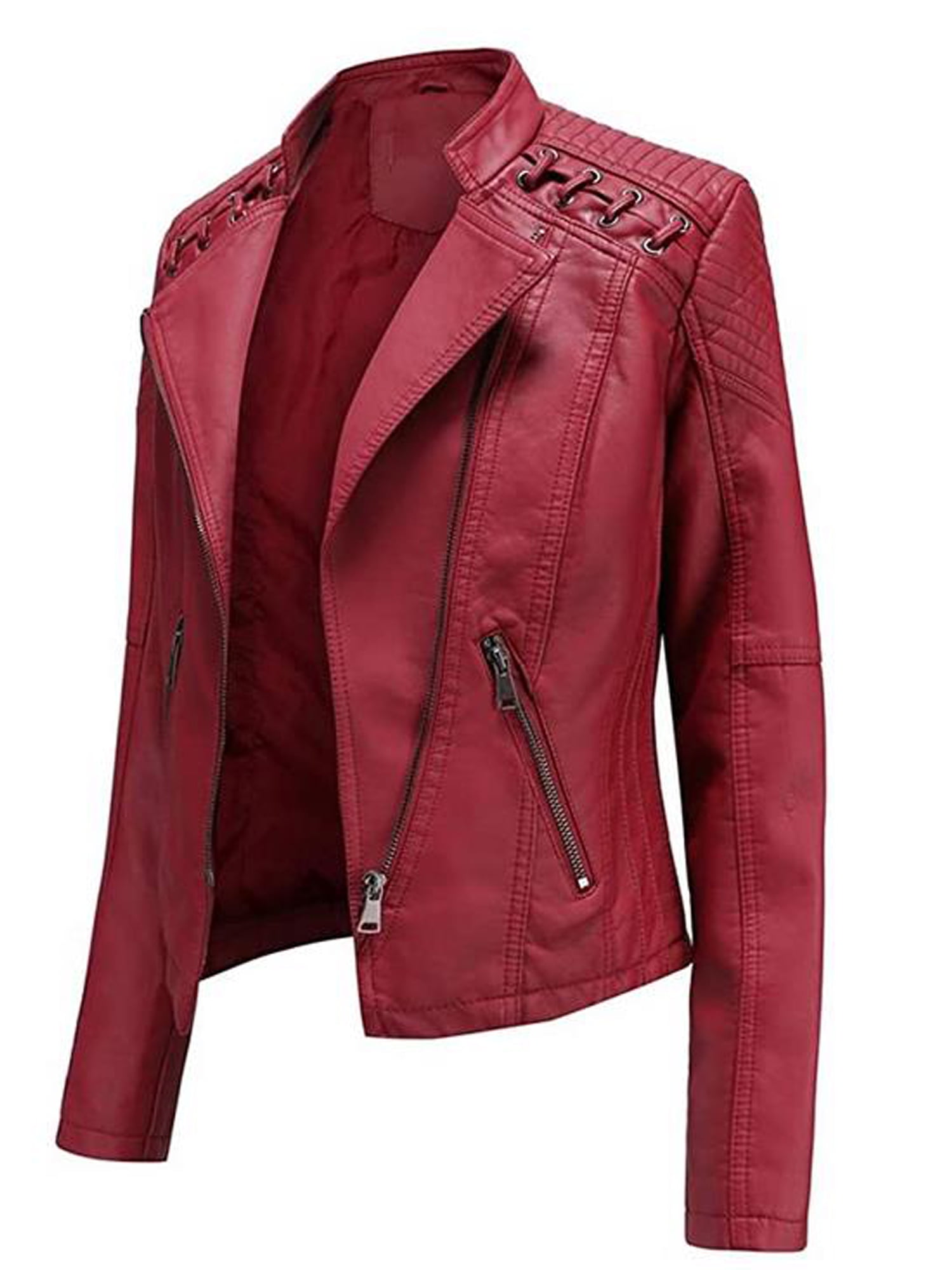 Pervobs Womens Moto Biker Short Coat Jacket Retro Rivet Zipper Up Bomber Jacket Casual Lapel Coat Outwear 