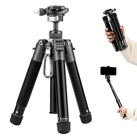 Fotopro Mini Camera Phone Tripod, 60" Lightweight Compact Travel Tripod with 360 Degrees Ball Head, Detachable Selfie Stick, Phone Mount, Max Load 8.8 lbs, Free-1 Grey