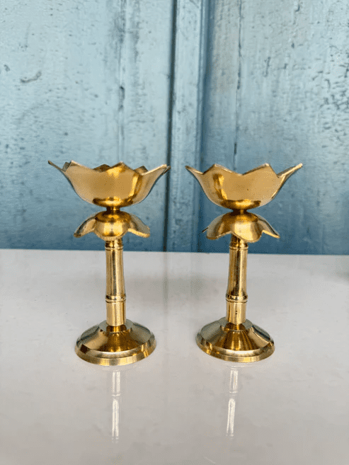 NamasteHimlayas Brass Lotus Oil Lamp Set of 2 – Traditional Diya for Meditation & Home Altar