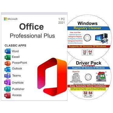 Office 2021 Professional Plus, Windows Drivers & Registry Cleaner, 3 Pack