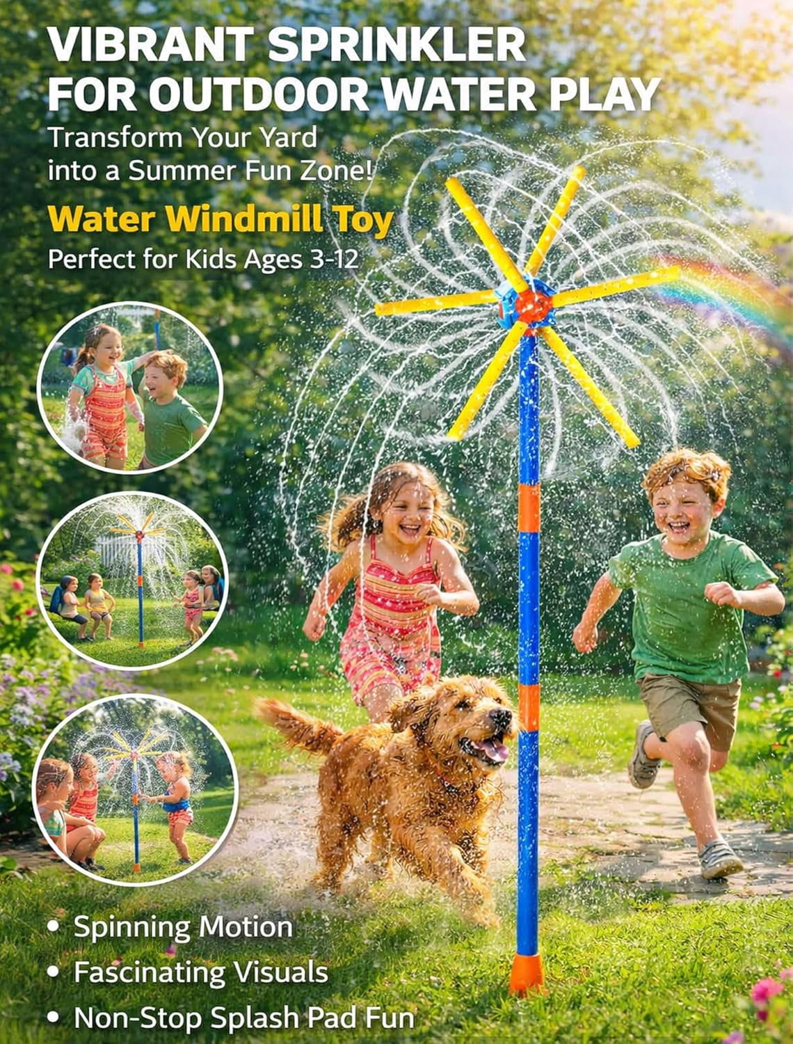 Water Windmill Toy, 55" Sprinkler for Kids with 54 Spray Nozzles, 360° Spinning Splash Outdoor Yard Toy, Double-Sided 6-Blade Design, Garden Watering & Summer Fun