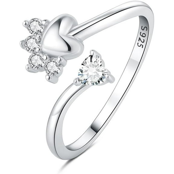 Cute CZ Pet Paw Open Rings For Women S925 Sterling Silver Fashion Cubic Zirconia Crystal Love Heart Adjustable Stacking Animal Cat Dog Claw Finger Band Ring Dainty Comfort Fit Family Jewelry Gifts