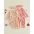 thumbnail image 3 of BemeyourBBs Preemie Baby Girl Spring Summer Fall Winter Clothes Baby Girl Newborn Hospital Going Home Outfit Ruffled Ribbed Romper Long Sleeve Floral Zipper Jumpsuit with Bowknot Headband, 3 of 9